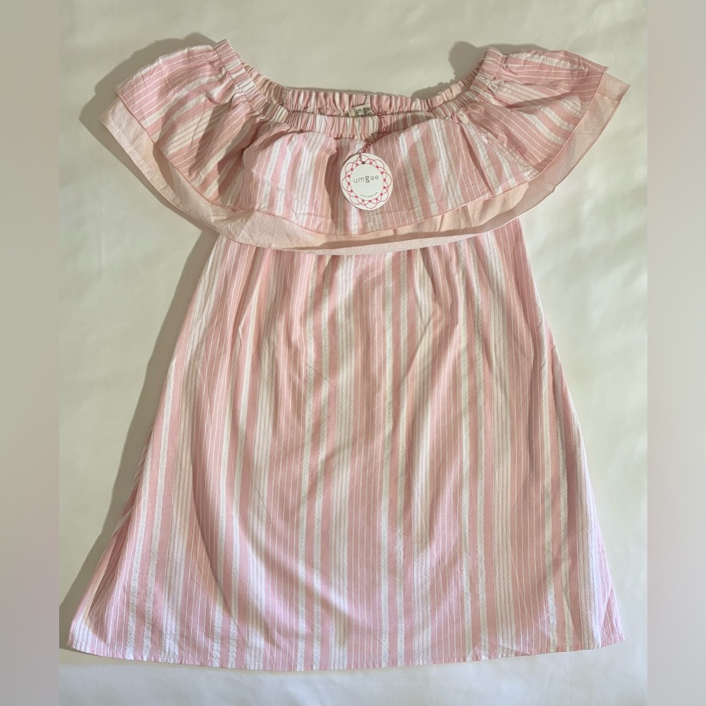 Umgee Women's Striped Pink Off the Shoulder Short Dress with Pockets Size L NWT